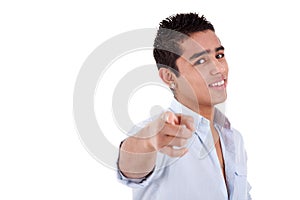 Young and happy latin man pointing