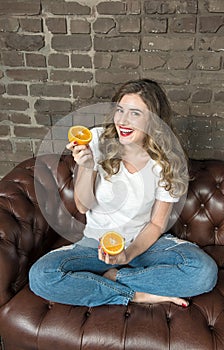 Young happy laughing woman Cheerful girl fruit Healthy eating