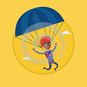 Young happy man flying with parachute.