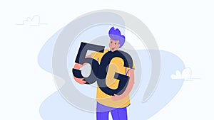 Young happy man hugging heavy 5g symbol