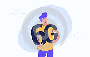 Young happy man hugging heavy 6g symbol photo