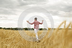 Young happy man with outstretched arms in a wheat field. Concept of freedom