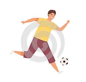 Young happy man playing football. Male soccer player kick the ball. Footballer enjoy game. Flat vector cartoon