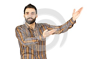 Young happy man portrait confident businessman showing a present