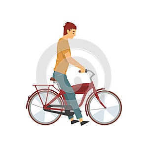 Young Happy Man Riding Bike, Male Cyclist Character on Bicycle Vector Illustration