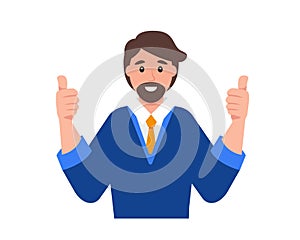 Young happy man shows thumb up. Gesture cool. Smiling man cartoon character. Successful businessman.