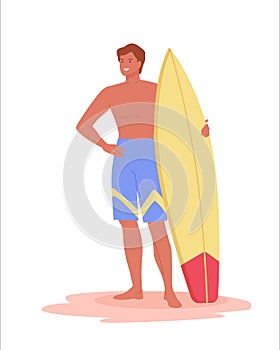 Young happy man standing on sand and holding surfboard. Active male character on summer recreation, sea leisure hobby