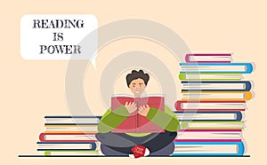 Young happy man, student reading books at the library, reading is power concept