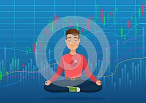 Young happy man trader meditating under crypto or stock market exchange chart concept. Business trader, finance stock
