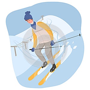 Young happy man in winter outwear skiing on snow vector flat cartoon illustration