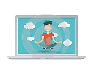 Young happy man in zen meditation pose on laptop screen