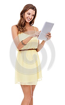 Young, happy and model with tablet in studio, social network and networking for technology in gen z aesthetic. Woman
