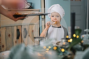 Young happy mom and her baby cook cookies at home in the kitchen. Christmas Homemade Gingerbread. cute boy with mother