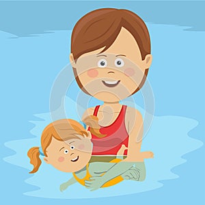 Young happy mom teaches her daughter to swim in swimming pool