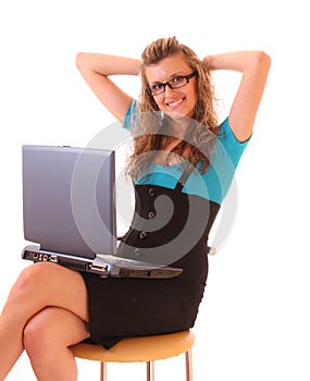 Young happy office woman with laptop isolated