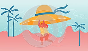Young Happy Overweight Woman Character Holding Huge Tropical Hat in Hands Run along Summer Sandy Beach