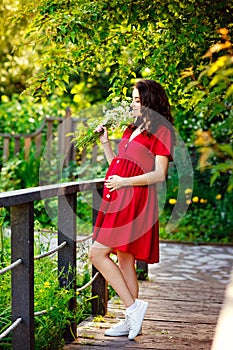 A young happy pregnant woman in a red dress with flowers in her hands is resting and enjoying life in nature
