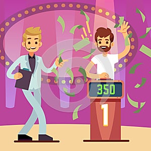 Young happy quiz game winner in the money rain vector illustration photo