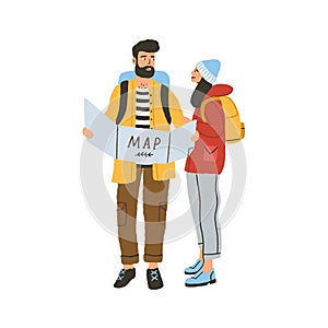 Young happy romantic couple during hiking. Modern man and woman with road map looking for route. Tourist characters