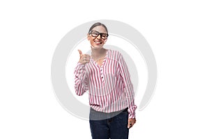 young happy smiling lady office worker dressed in pink white blouse and jeans
