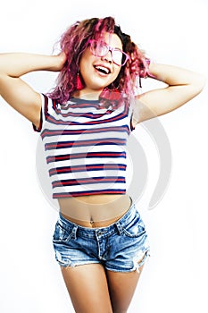 Young happy smiling latin american teenage girl emotional posing isolated on white backgrond, lifestyle people concept