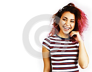 young happy smiling latin american teenage girl emotional posing isolated on white backgrond, lifestyle people concept