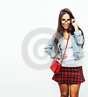 young happy smiling latin american teenage girl emotional posing isolated on white background, lifestyle people concept