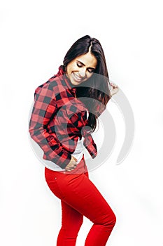 Young happy smiling latin american teenage girl emotional posing on white background, lifestyle people concept
