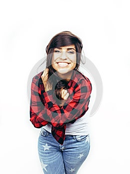 Young happy smiling latin american teenage girl emotional posing on white background, lifestyle people concept