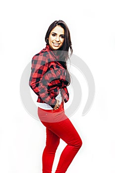 Young happy smiling latin american teenage girl emotional posing on white background, lifestyle people concept