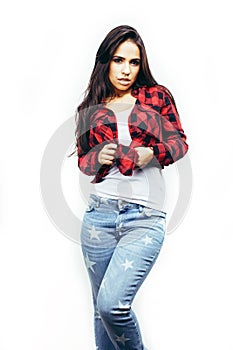 Young happy smiling latin american teenage girl emotional posing on white background, lifestyle people concept