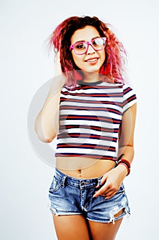 Young happy smiling latin american teenage girl emotional posing on white background, lifestyle people concept closeup