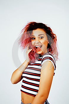 Young happy smiling latin american teenage girl emotional posing on white background, lifestyle people concept closeup