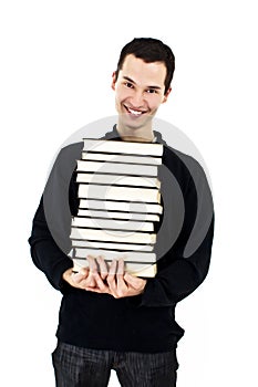 Young happy smiling man with books