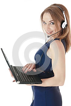 Young happy smiling support phone female operator wearing a headset.