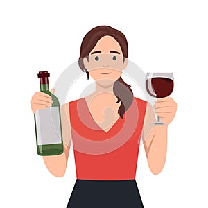 Young happy smiling woman toasting with wine glass and holding bottle of wine, asking people to join her