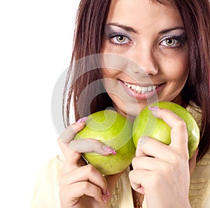Young happy smiling woman with two apple