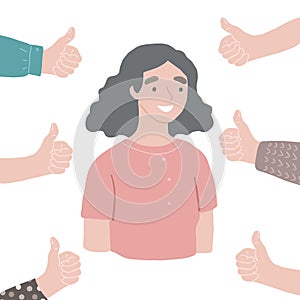 Young happy successful respected woman Hands with thumbs up around. Vector people approve concept.