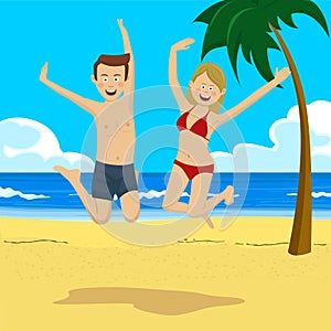 Young happy teenage couple jumping on tropical beach with palm trees