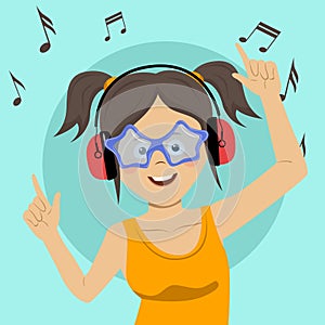 Young happy teenage girl singing and having fun listening to the music using wireless earphones