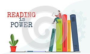 Young happy tiny man, student reading books at the library, reading is power concept, vector illustration