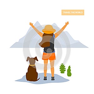 Young happy traveling hiker girl with a dog