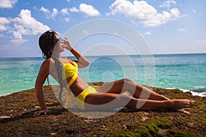 Young happy Woman in bikini enjoy life on the tropical beach