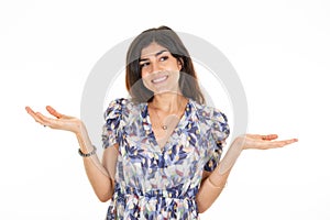 young happy woman brunette presenting product in two both palm hand in white background