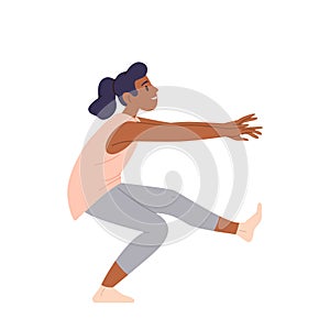 Young happy woman cartoon character practicing yoga fitness exercise isolated on white background