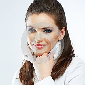 Young happy woman. Close up face. Isolated white background.