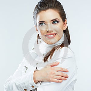 Young happy woman. Close up face. Isolated white background.