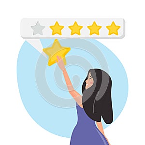 Young happy woman giving a five star rating.