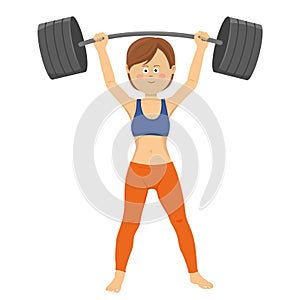 Young happy woman lifting heavy barbell isolated on white background