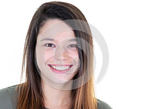 Young happy woman portrait looks at camera